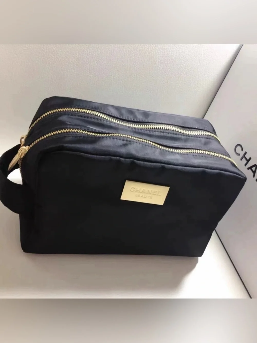 Chanel Black Double Zip Travel Cosmetic Bag